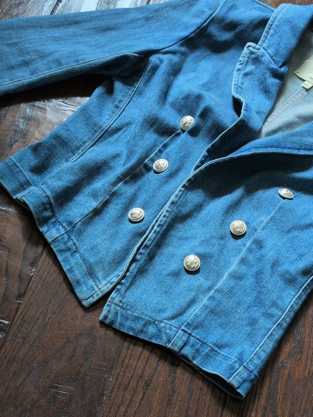 L'AGENCE I Blue Denim Open Front Anchor Button Cropped Wayne Blazer Jacket, M - Picture 8 of 13